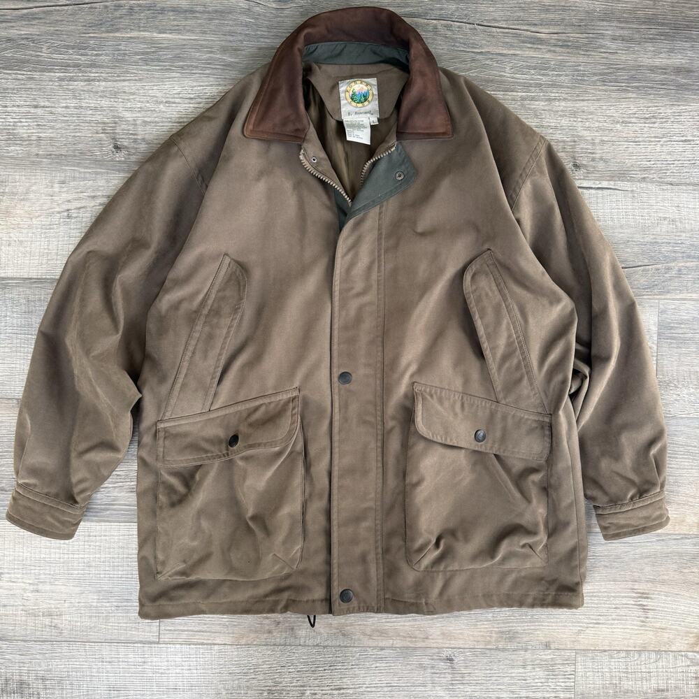 Vtg 90s Rainforest Jacket Barn Chore Coat Large Leather Collar Brown Gorpcore